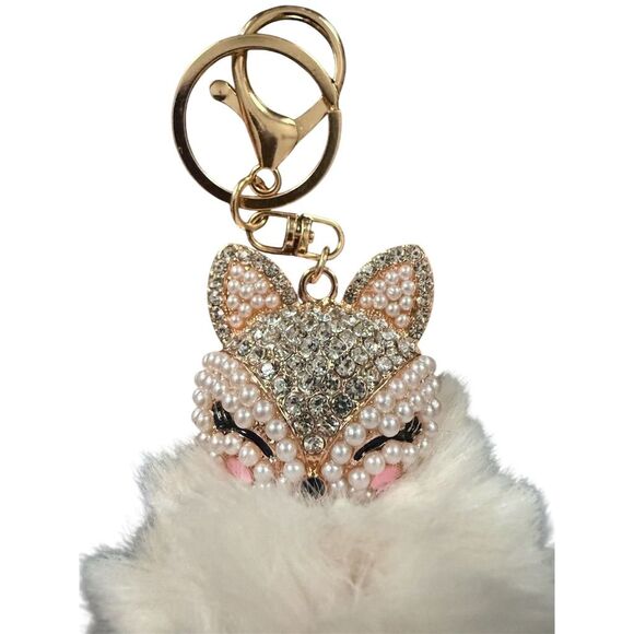 Multicolor Faux Fur Fox Head Keychain with Rhinestone Detail - Picture 2 of 3